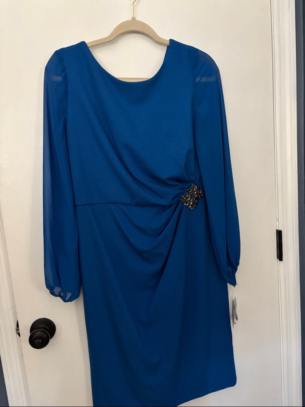 Oleg Cassini Royal Blue Long-Sleeve Jewel-Embellished Dress
